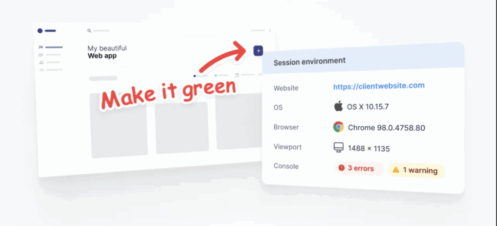 Interface utilisateur de Marker.io avec une annotation demandant de changer un élément en vert, et un panneau affichant les détails de la session, incluant le système d'exploitation, le navigateur, et les erreurs de console