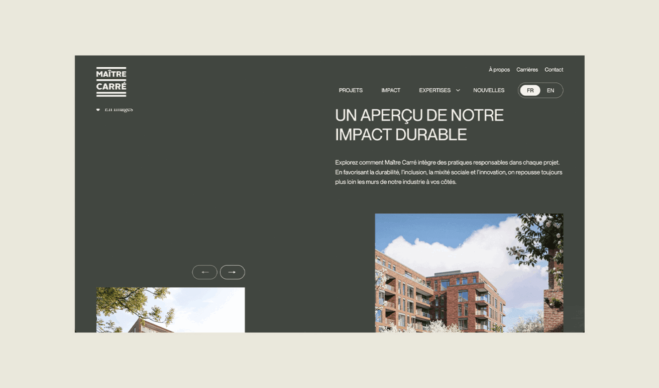 Un site web en français pour Maître Carré présente un fond sombre, un menu de navigation et le texte de l'en-tête Un aperçu de notre impact durable à côté d'images de bâtiments modernes et d'arbres.
