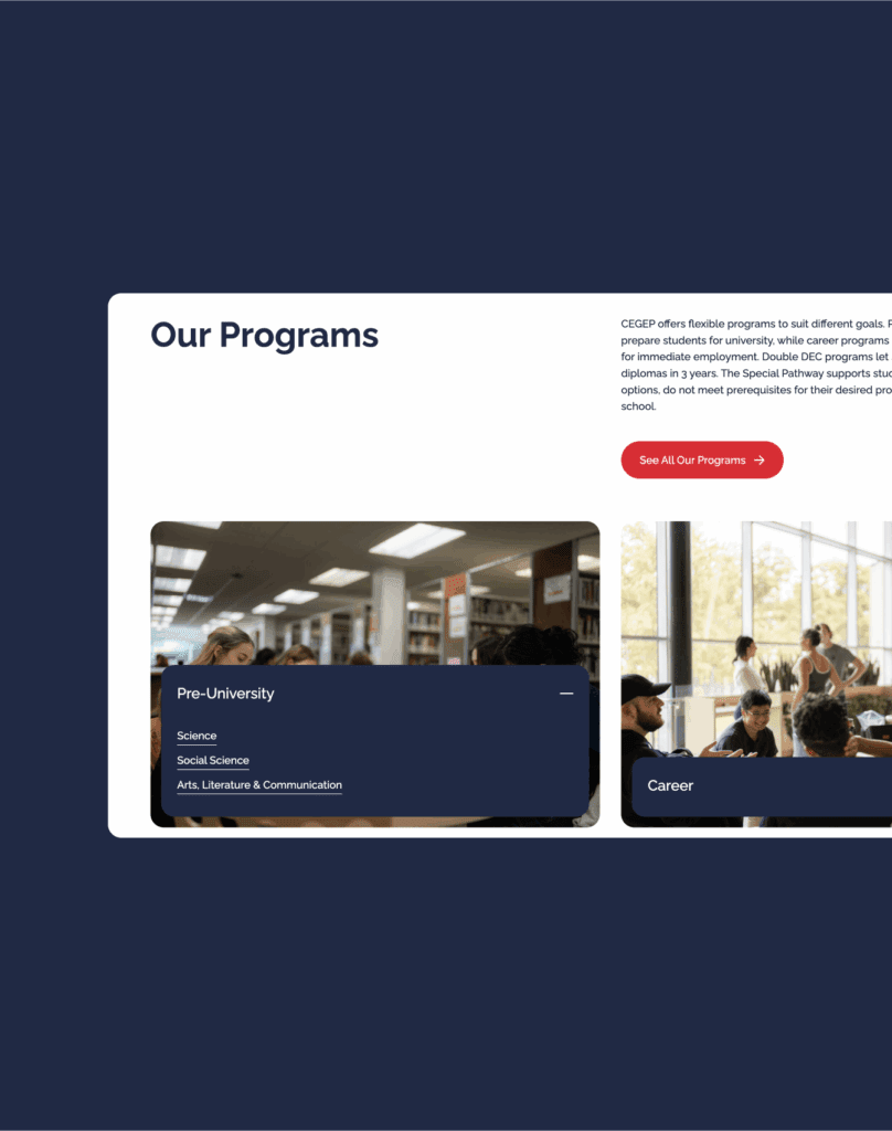 A website section titled Our Programs displays program options. The Pre-University section lists Science, Social Science, and Arts. In the background, students are studying in a library and working in a classroom.