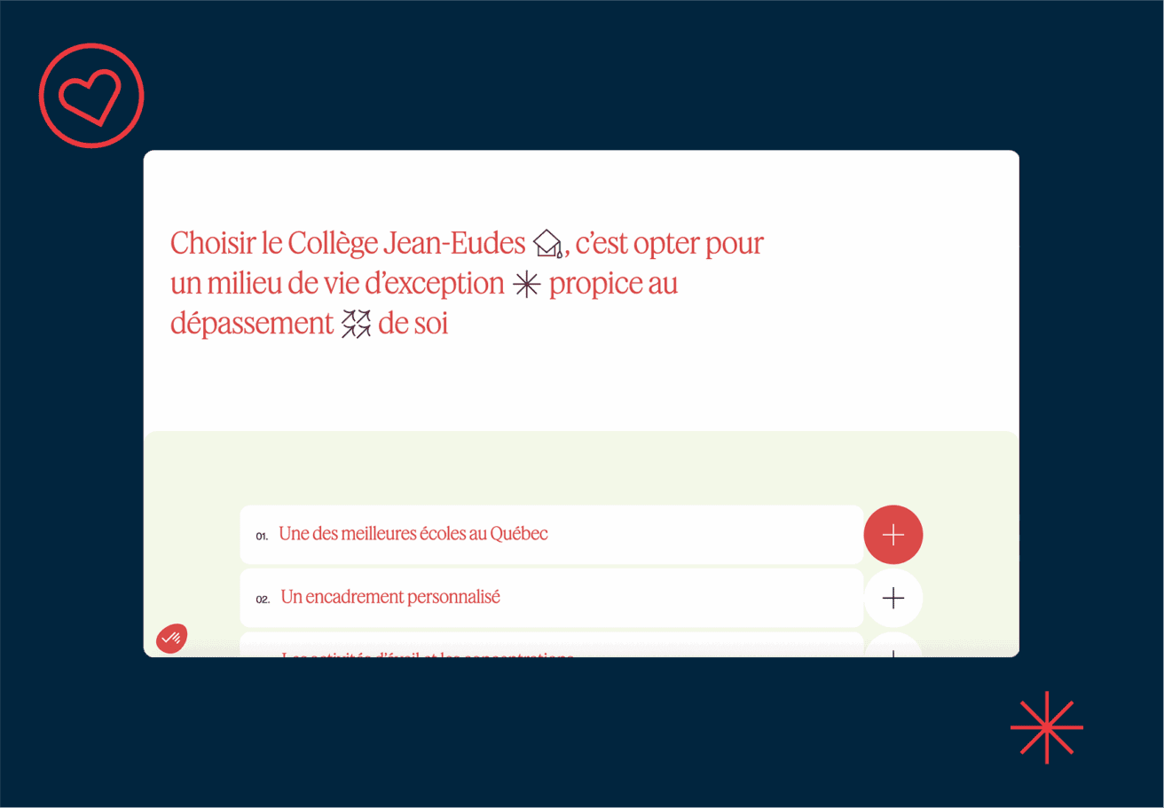 Une page web avec un texte en français faisant la promotion du Collège Jean-Eudes, le décrivant comme un environnement exceptionnel et favorable. La page comporte des icônes décoratives de cœur et d'étoile sur un fond bleu foncé.