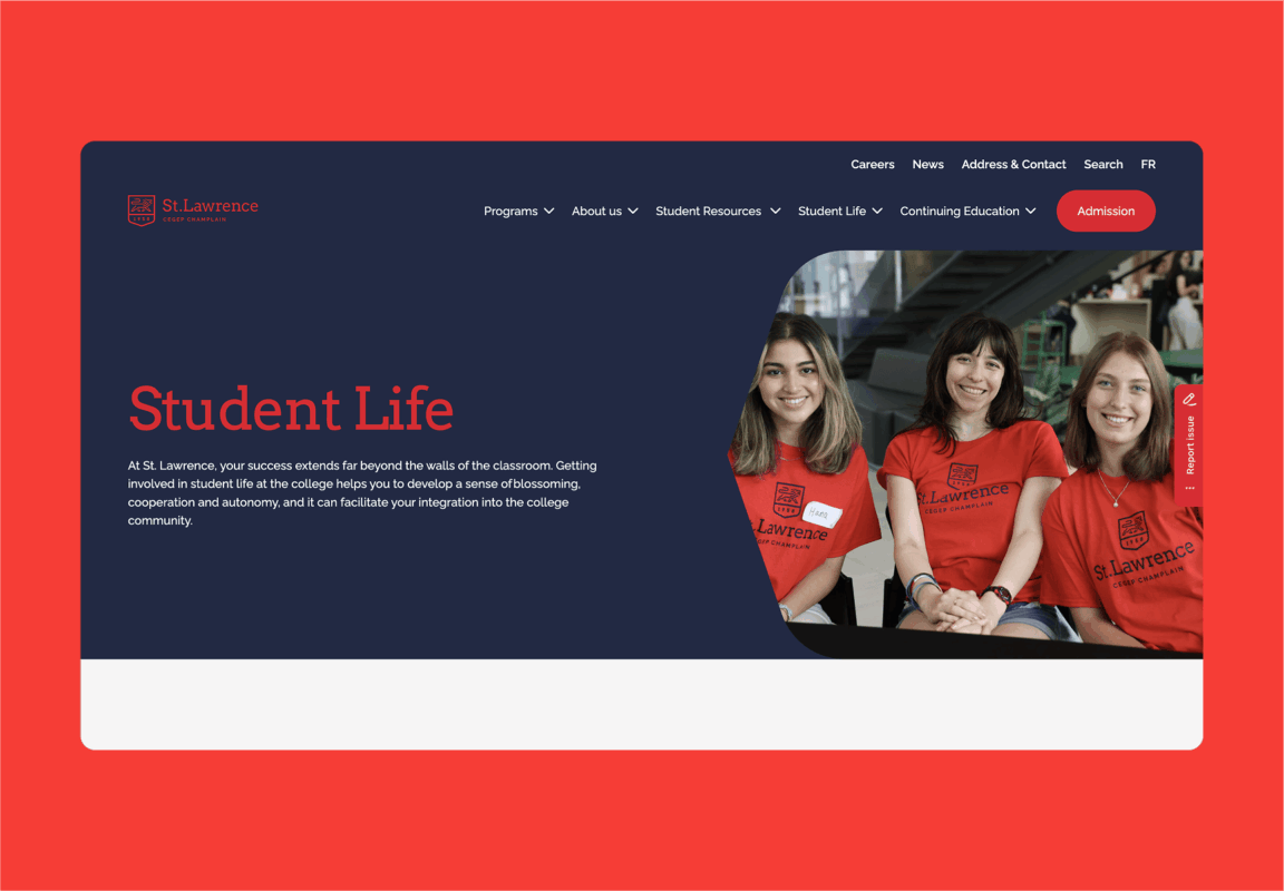 Three smiling students wearing red St. Lawrence College t-shirts sit together indoors. The website header includes navigation links, a logo, and a highlighted Admission button. The section is titled Student Life.