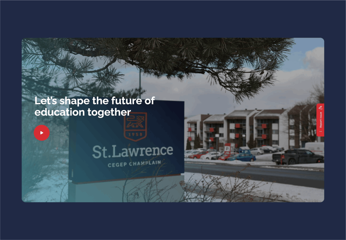 A sign for St. Lawrence CEGEP Champlain stands in front of a snowy street and residential buildings, with text reading Lets shape the future of education together overlaid on the image.
