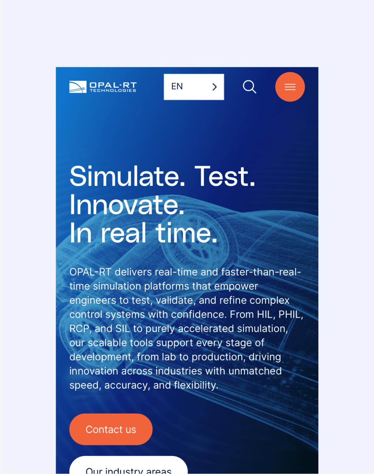 L'écran d'un site web mobile pour OPAL-RT Technologies affiche un fond bleu abstrait, un logo, un sélecteur de langue, une icône de menu et un texte blanc mettant en évidence la simulation, les essais et l'innovation dans les systèmes de contrôle en temps réel.