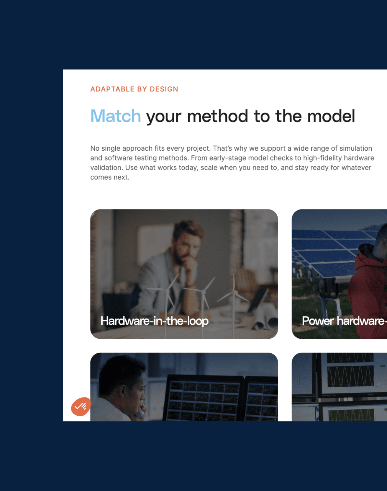 Une page web intitulée "Faites correspondre votre méthode au modèle" avec un texte sur les méthodes de simulation et d'essai. Ci-dessous, trois images intitulées Hardware-in-the-loop, Power hardware, et une autre catégorie partiellement visible.