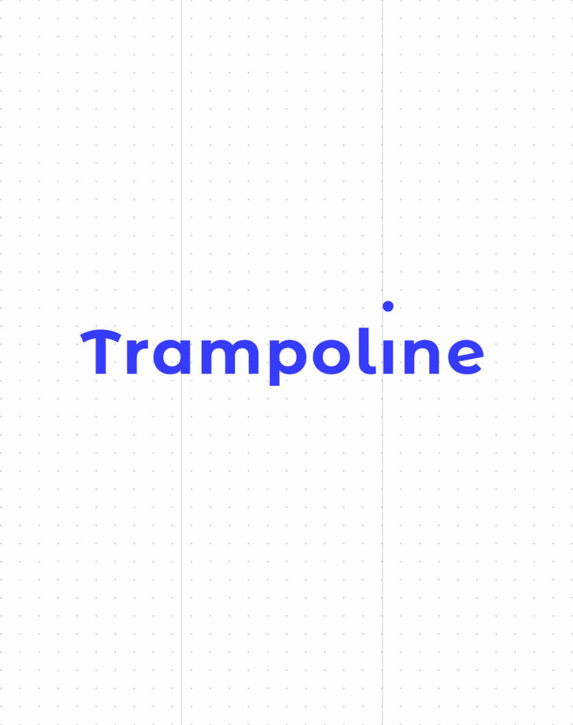 Le mot "Trampoline" est centré en caractères bleus gras sur un fond gris clair avec de légères lignes de grille en pointillés.