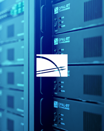 Close-up of OPAL-RT Technologies server racks with a stylized white logo in the center. The servers have buttons and indicator lights, and the image has a blue color tone.