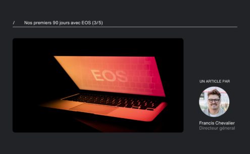 A laptop screen glows with the word EOS in large letters, set against a dark background. On the right, theres a profile photo of a smiling man with glasses labeled Francis Chevalier, Directeur général.