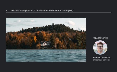 A house stands among autumn trees beside a lake, under a partly cloudy sky. On the right, a profile photo of Francis Chevalier, Directeur général, appears above his name and role, next to the article title in French.