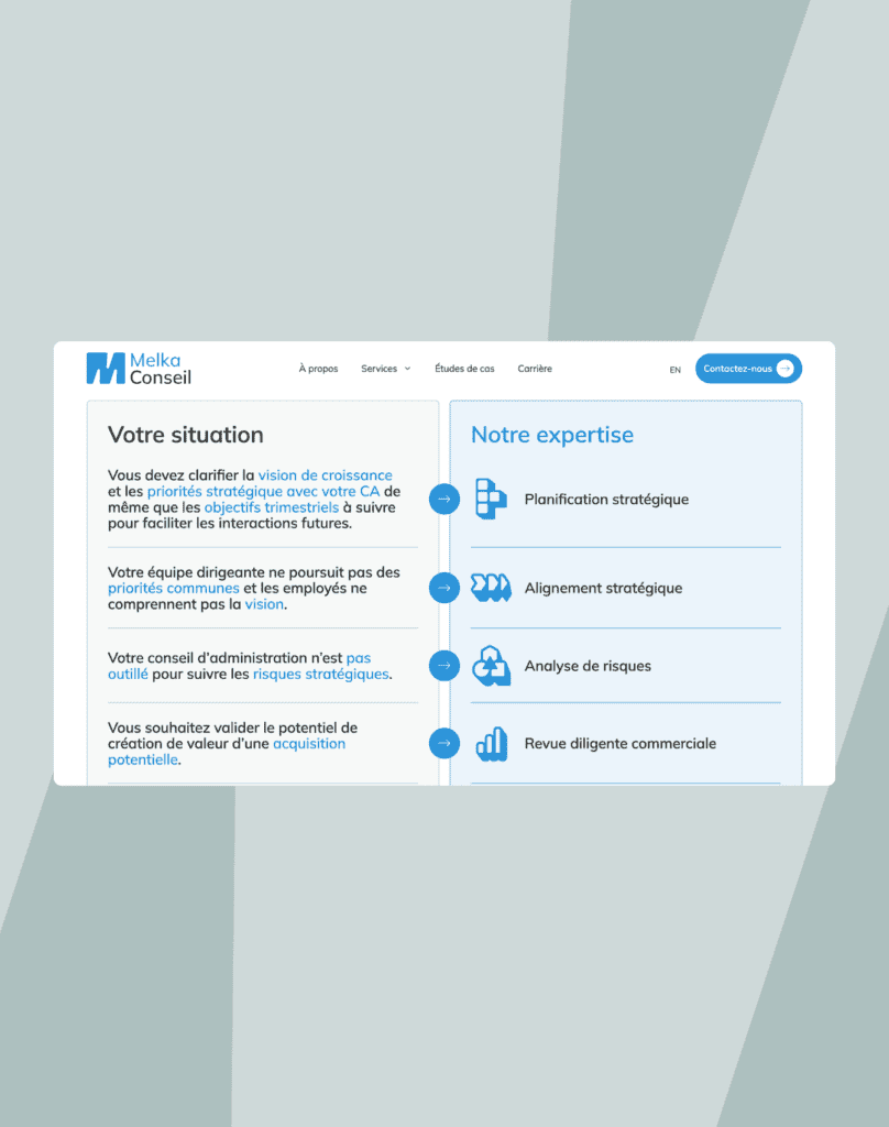 Screenshot of a consulting website in French, showing sections titled Votre situation and Notre expertise with a blue and white color scheme and a list of strategic services offered.