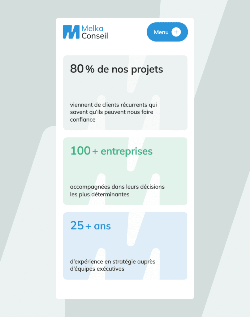 A mobile webpage for Melka Conseil shows statistics: 80% of projects are from repeat clients, 100+ companies advised, and over 25 years of executive strategy experience. The layout has blue, green, and light gray sections.