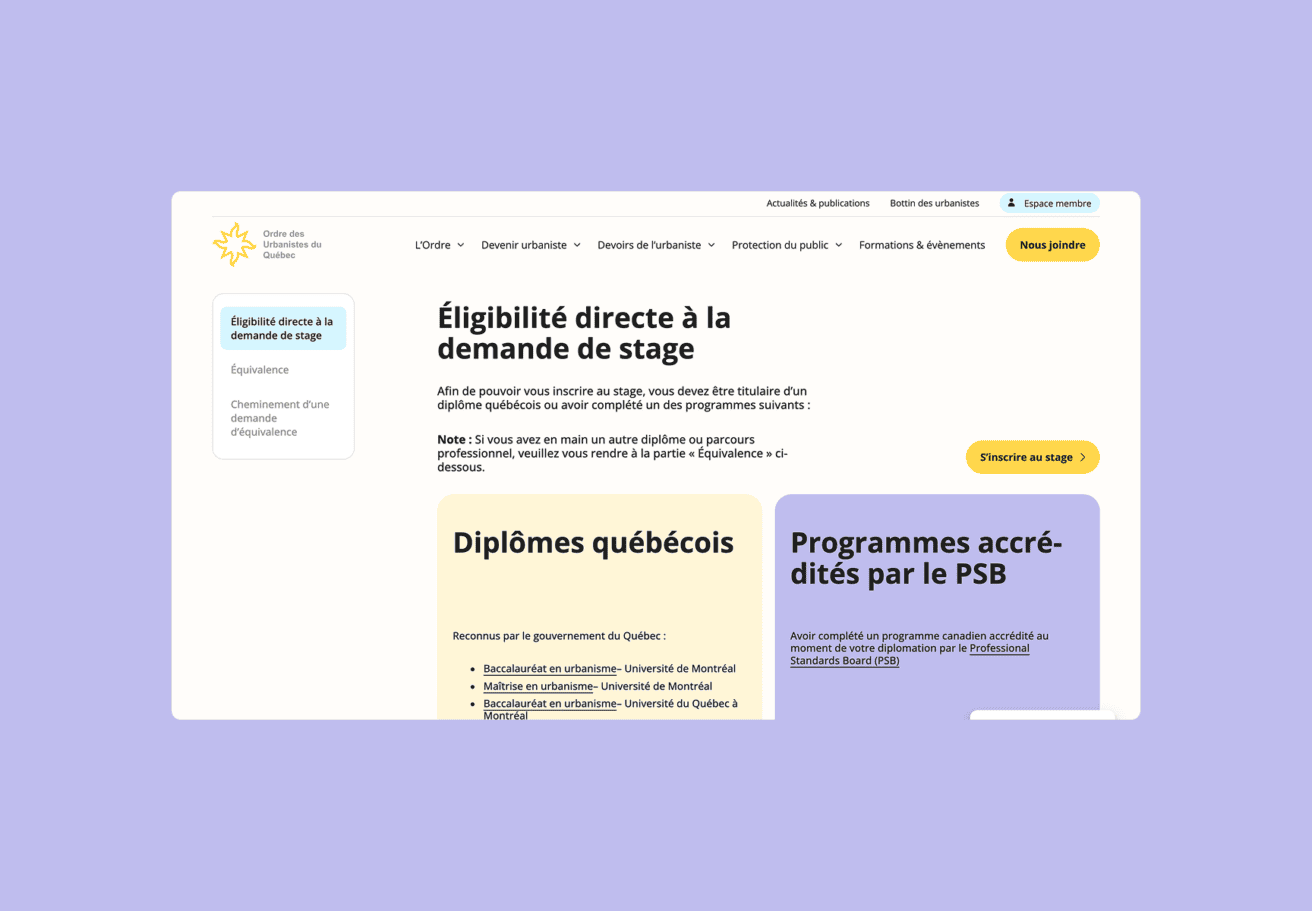 Capture d'écran d'une page web en français consacrée aux conditions d'éligibilité pour postuler à un stage, comportant des sections consacrées aux diplômes québécois et aux programmes agréés par le PSB, avec des éléments graphiques jaunes et violets.
