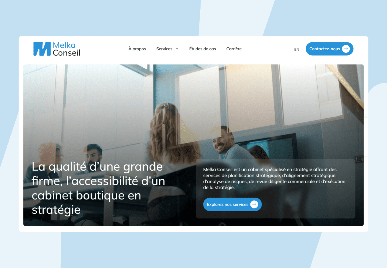 A website homepage for Melka Conseil shows a modern office meeting with four people, featuring the company logo, navigation menu, French text about strategy consulting, and blue call-to-action buttons.