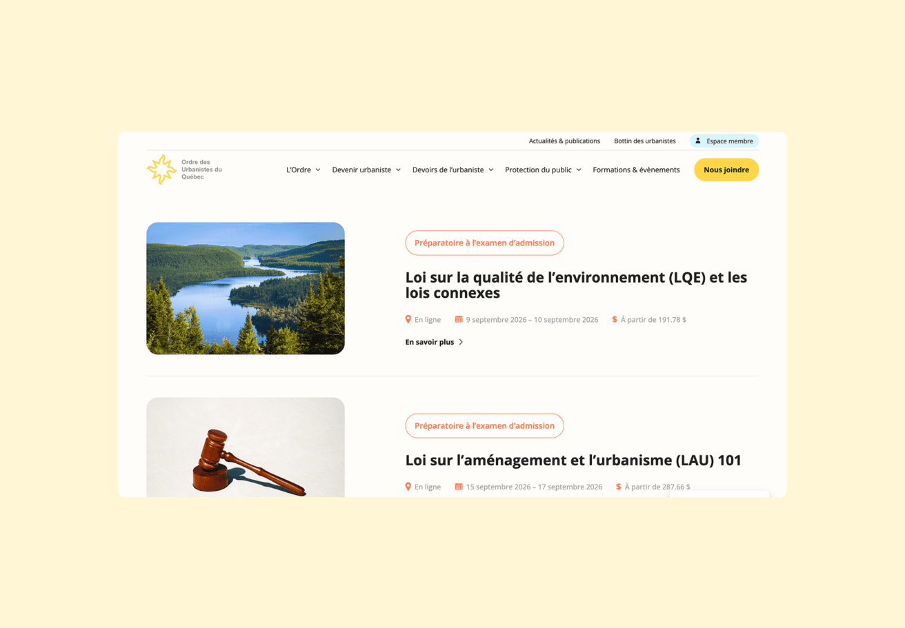 Une page Web présente des articles sur la législation québécoise en matière d'environnement et d'urbanisme, accompagnés d'une photo représentant un paysage fluvial et d'une image d'un marteau de juge.