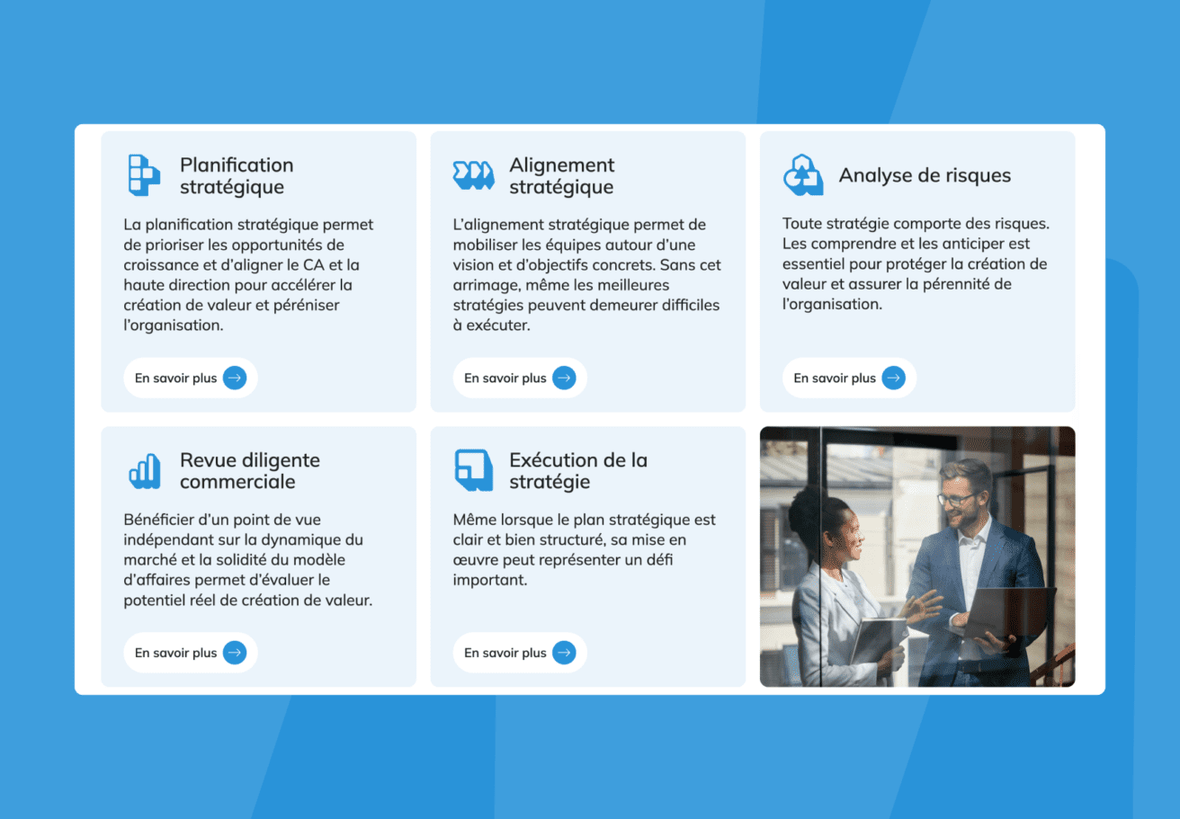 Six business service cards in French describe: strategic planning, alignment, risk analysis, commercial review, and strategy execution. The last card shows two people in business attire discussing near a window.