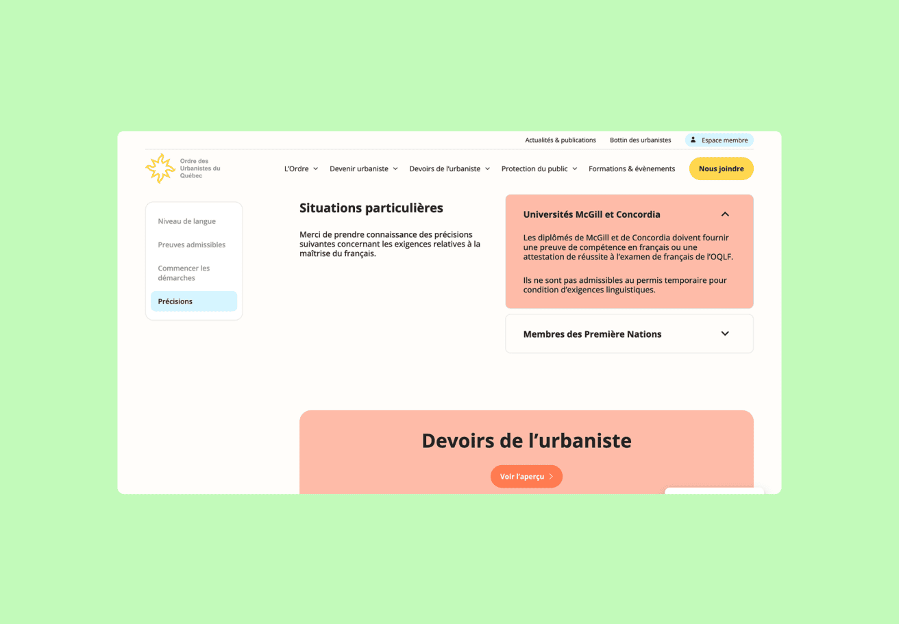 Une page web comportant une section blanche et pêche consacrée aux missions des urbanistes, aux situations particulières et aux universités McGill et Concordia, sur un fond vert clair. Les liens de navigation se trouvent à gauche.