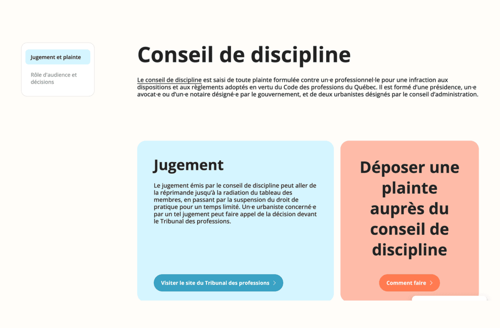 Une page web intitulée « Conseil de discipline » comportant deux encadrés principaux : un bleu intitulé « Jugement » et un orange intitulé « Déposer une plainte », chacun doté d'un bouton. Une barre latérale met en avant les rubriques « Jugement » et « Plainte ».