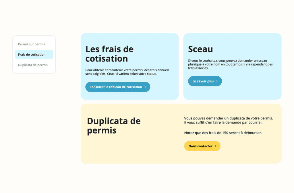 Section de page Web comportant trois encadrés intitulés « Les frais de cotisation », « Sceau » et « Duplicata de permis », chacun doté d'un bouton, ainsi qu'un menu latéral mettant en avant « Frais de cotisation ».