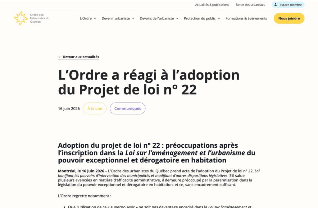 Capture d'écran d'une page web de l'Ordre des urbanistes du Québec présentant sa réaction à l'adoption du projet de loi n° 22, relatif à l'urbanisme et aux permis d'habitation exceptionnels.
