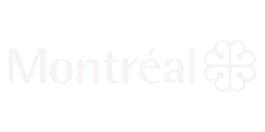 Le mot « Montréal » écrit en lettres beige clair, suivi d'un symbole floral stylisé, sur un fond blanc uni.
