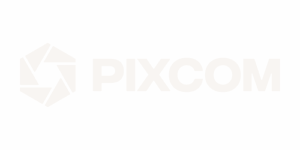 Le texte gris clair, qui indique « PIXCOM », figure à côté d'un logo hexagonal sur fond blanc.